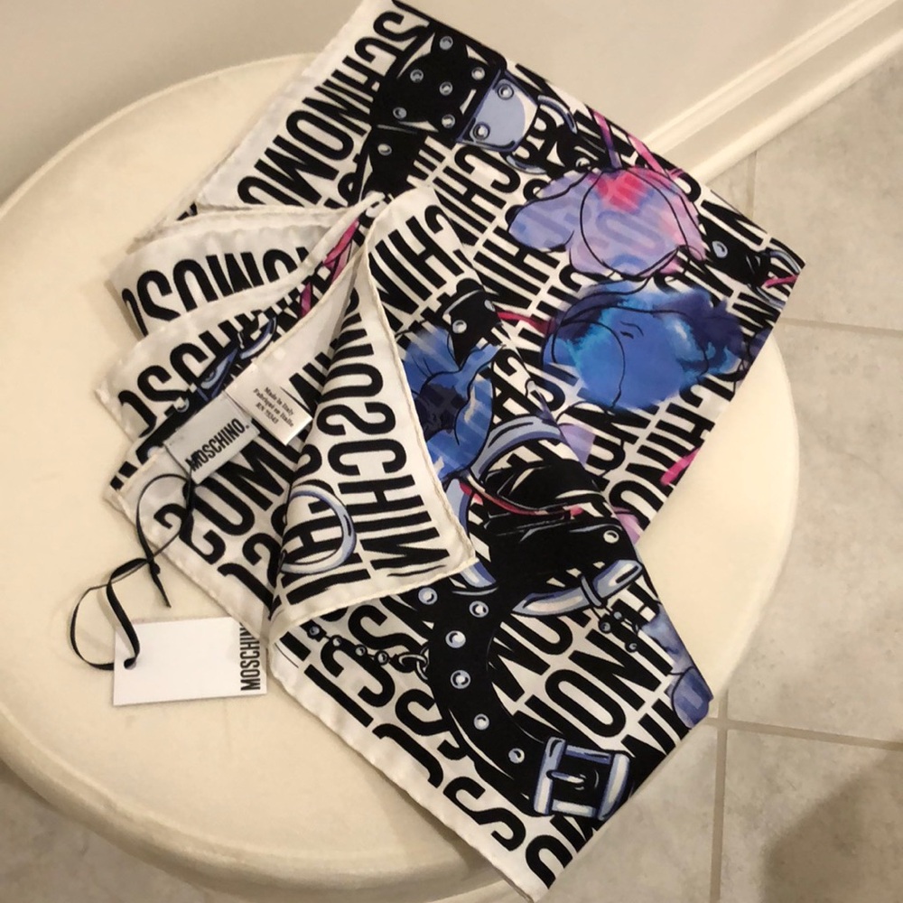 Authentic Moschino black and blue flower logo silk scarf.